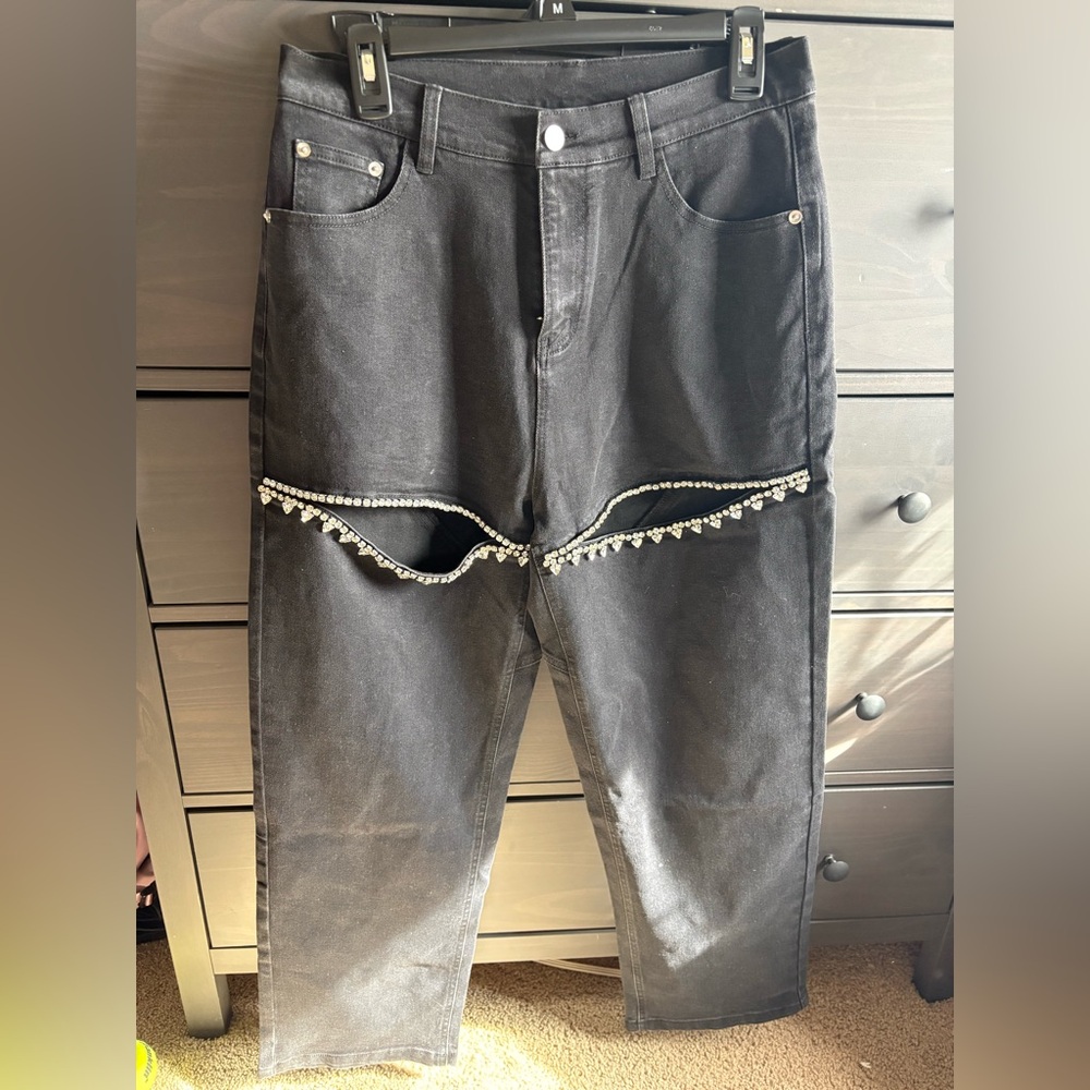 Black Rhinestone Cutout Jeans